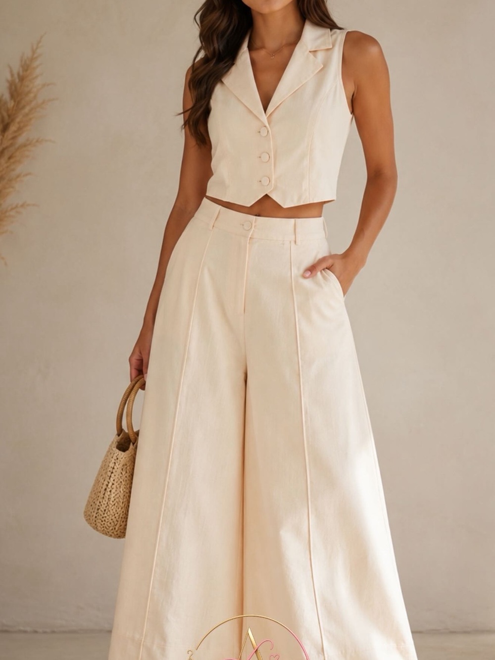 Tailored Wide-Leg Pants & Cropped Vest Set in Cream